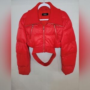 AKIRA All In Motion Red Crop Puffer Jacket Size M - NWOT- Jacquemus Style Cutout